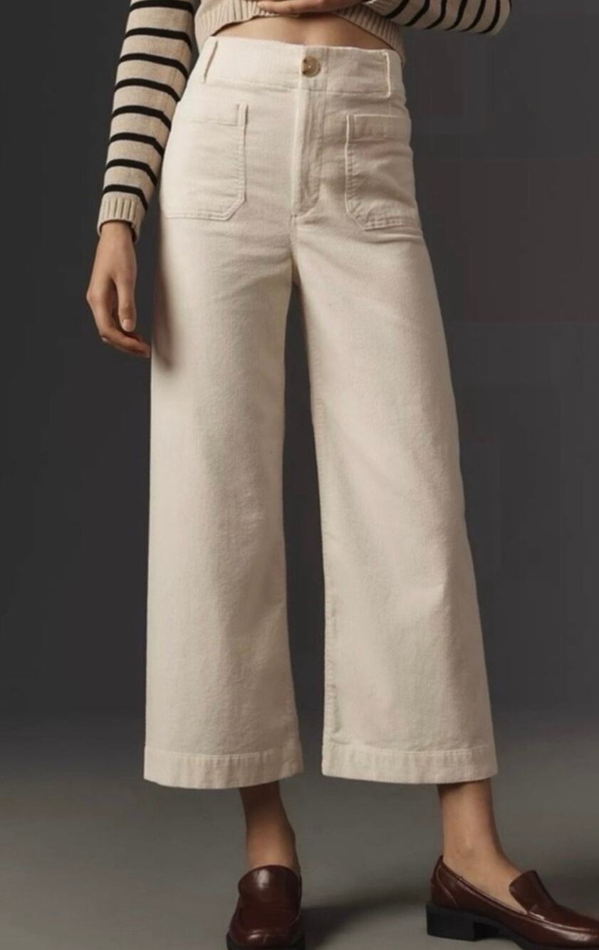 Anthropologie Maeve The Colette Ivory Corduroy Cropped Wide Leg Pants